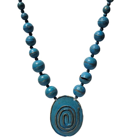 Retro Handcrafted Blue Chunky Beaded Necklace Spiral Pendant Statement Jewelry - Picture 1 of 7